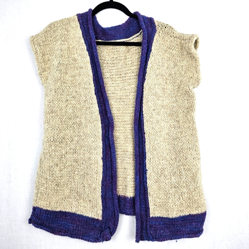Handknit Women's Cream and Purple Wool Sweater Vest Cardigan Medium‎